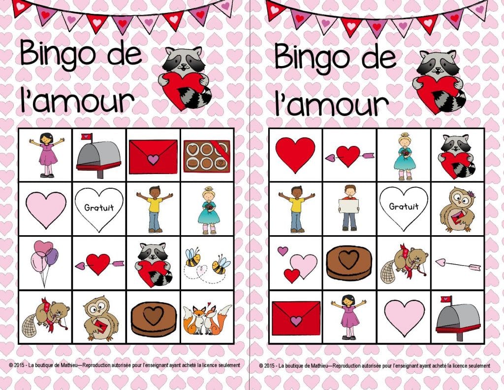 Gatonsnosenseignants Bingo De La St Valentin 24 Cartes Differentes La Boutique De Mathieu Ressources Pedagogiques Pour Les Enseignants