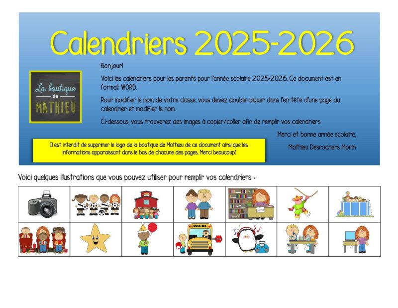 Calendriers du mois pour les parents - Août 2025 à Juillet 2026