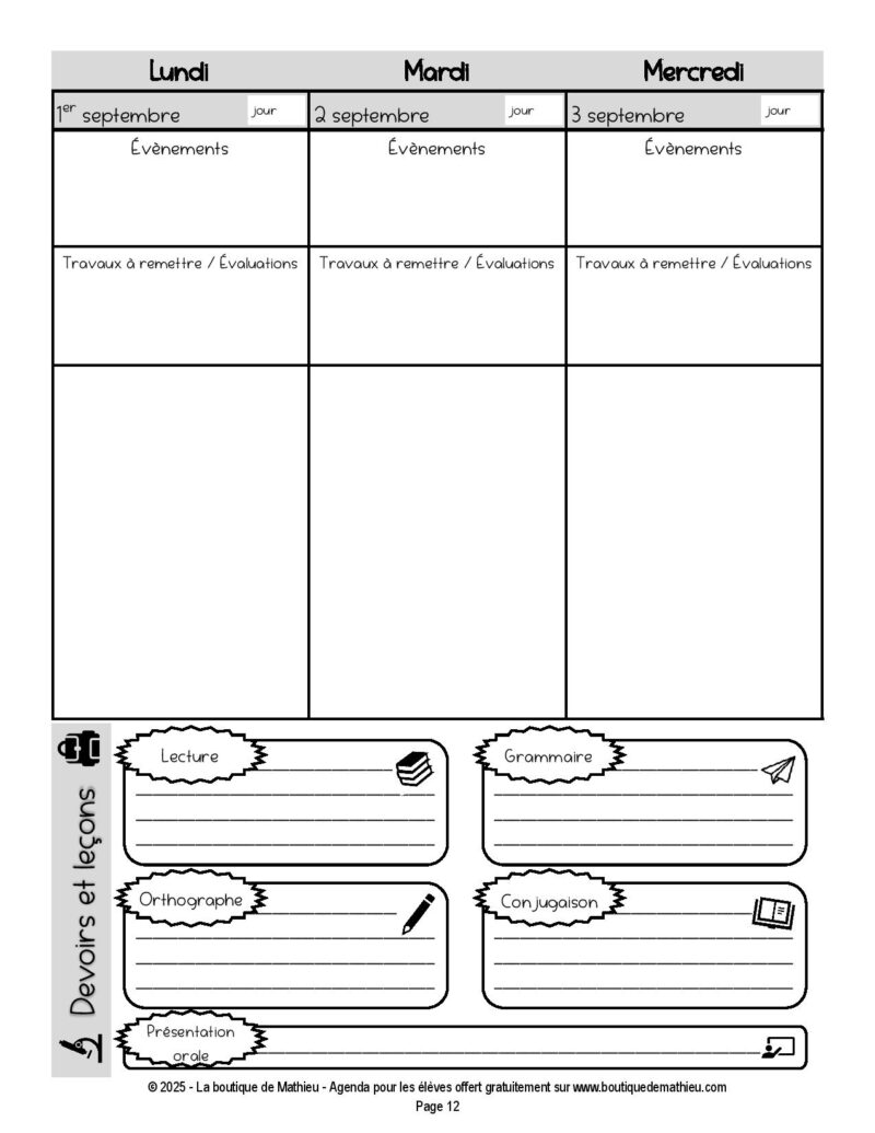 Agenda 2025-2026 gratuit pour les élèves du primaire – Image 2