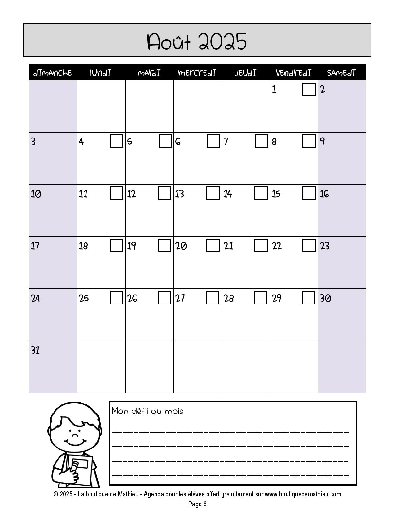 Agenda pour le préscolaire et le 1er cycle du primaire 2025-2026 – Image 4